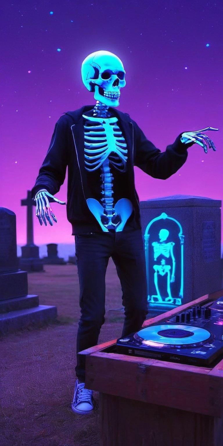 a skeleton dj dancing in a cementery party,  ,  . dark tense and unsettling atmosphere.cementery by ctmaker on Tensor.Art