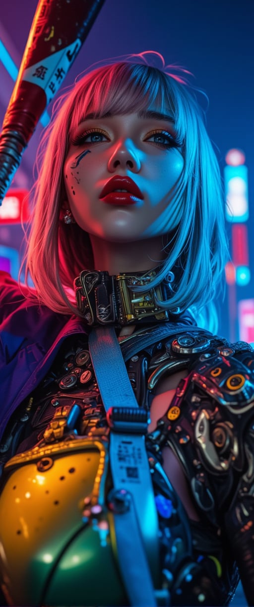 Here's a high-quality, coherent SD prompt based on the input: A close-up shot of a automata woman ' in her a cyberpunkpunk attire,mechanical joints, mechanical parts, wires,joints captured in ultra-high definition. She stands confidently, baseball bat held aloft, with vibrant hair styled in alternating blue, pink, and yellow hues. Her face is a masterpiece of dark makeup, featuring heavy eyeliner, red lipstick, . Sharp focus on her intense eyes, with a deep depth of field , . The background is a dark urban landscape with a blue-purple hue, contrasting strikingly with her colorful outfit. High-contrast lighting creates a cinematic atmosphere, with atmospheric shadows adding to the moody tone. Professional photography and 32K UHD resolution deliver photorealistic details, vivid colors, and high dynamic range. A truly impactful and visually stunning image, perfect for an action-packed movie poster.,ct-tacticlblond