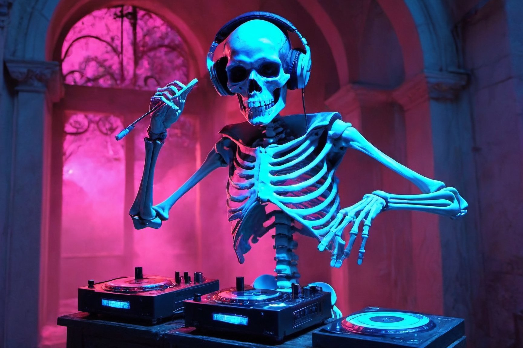 a skeleton dj dancing in a cementery party,  ,  . dark tense and unsettling atmosphere.cementery by ctmaker on Tensor.Art