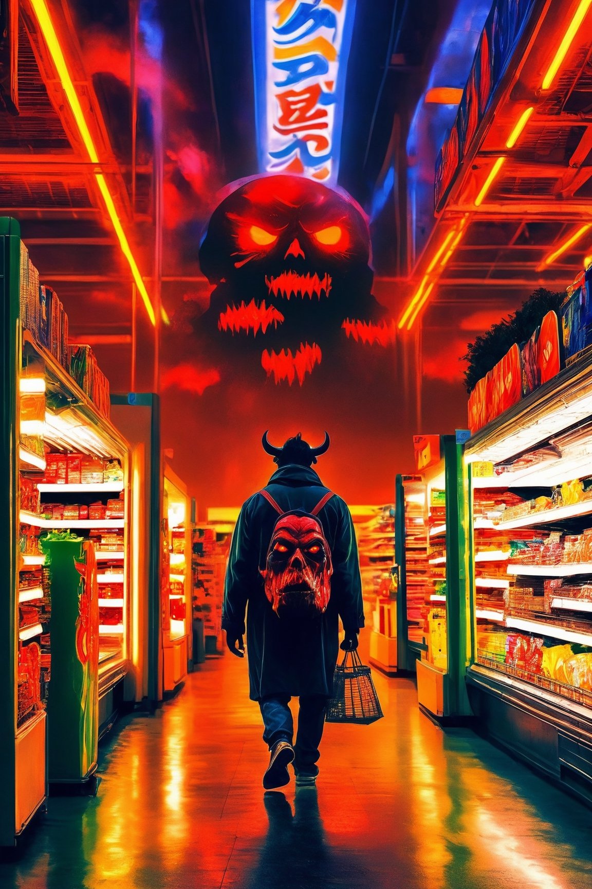  a demon doing the last shopping in the supermarket,. dark tense and unsettling atmosphere.walmart,.,, reflections, , groceries,fear,  By renowned artists such as ,, Francis Bacon, . Resolution: 4k.,,aw0k euphoric style,IMGFIX, JunjiIto_qz