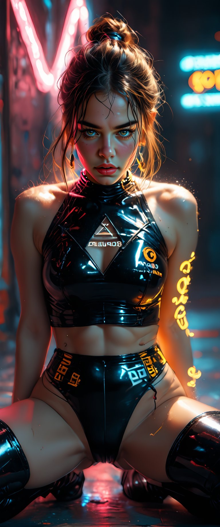 A solo android sitting confidently in a simple black background, surrounded by a yellow neon triangle advertisement. Her semi-nude figure is clad in tight latex with neon implants, garter belt, and stockings, paired with over-knee boots. The Biker's full-face helmet has a striking sticker on the side. Legs spread wide, , she exudes sensual confidence. The floor reflects the neon lights, creating a futuristic ambiance.,dal-27,dal-1, score_6, score_7_up, score_8_up,score_9