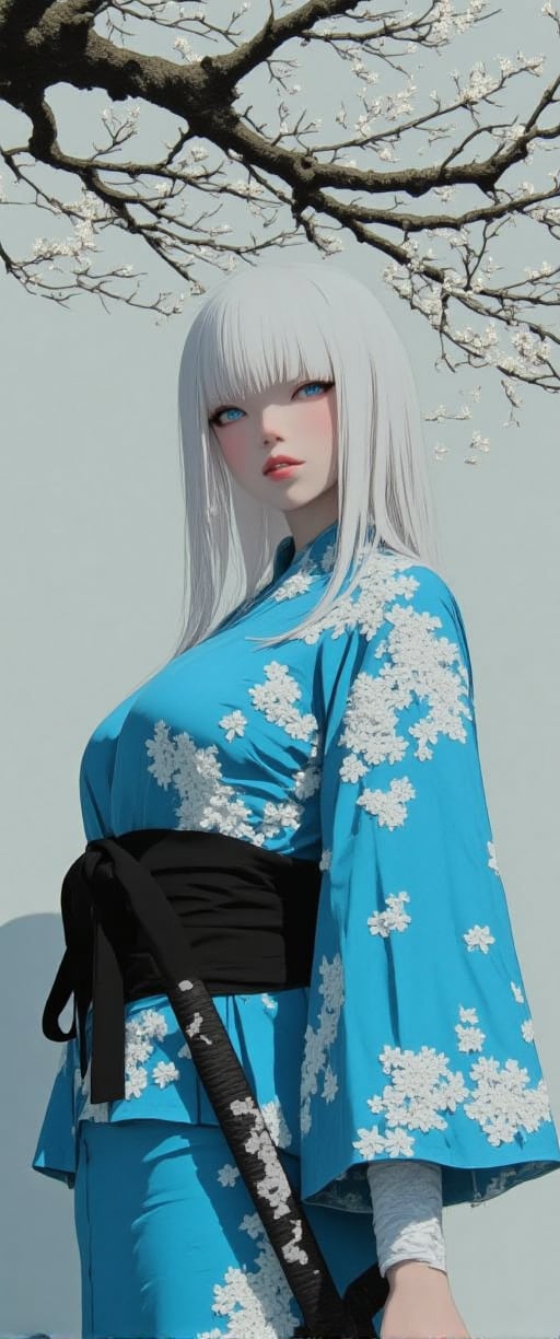 A 70mm lens captures aa medium-sized Asian woman, dressed in a blue kimono, adorned with white flowers, stands in front of a backdrop of a tree branch with white blooms. The woman's hair is styled in a sleek, straight line, and her eyes are a piercing blue. She is holding a black sword in her right hand, adding a touch of contrast to her outfit. The backdrop is a stark white wall, creating a stark contrast to the woman's outfit.,ct-jennie,ct-kbright