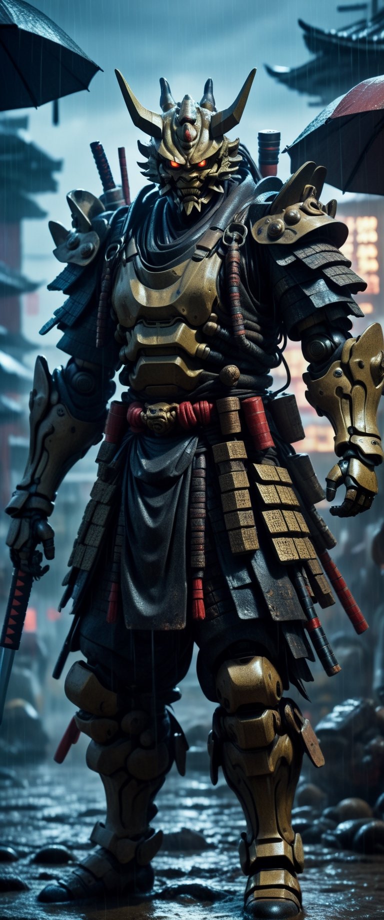 cyber Samurai looks at the enemy,  stands after the battle,  oni robot mask by ctmaker on Tensor.Art
