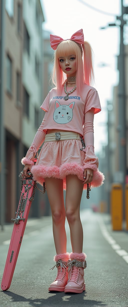 photography showcasing one women in light Fairy Kei fashion. blond hair with pink tips holding a huge mechanical  sword (god eater,chains, bolts). They are dressed in a pastel color palette with a mix of textures like soft knits, lace, fine ribbons and tulle. Accessories include oversized bows, plush bags, and playful jewelry. Their outfits feature elements like t-shirts with cute graphics, fluffy sweaters, layered skirts, and patterned overkneesocks. Each figure stands against an urban backdrop, suggesting a street fashion scene. The overall style is characterized by a bright, colorful aesthetic with a whimsical, youthful vibe, reflecting the unique Fairy Kei subculture. 64k, HDR, highly detailed, ultra sharp, photorealistic,Extremely Realistic,more detail XL., ct-virtual_jisoo, ct-jissoo, ct-visual_v4,ct-amantity,ct-blondie,ct-identityV2,emoart,futurediff, cyborg, robot,ct-skyzo_identity