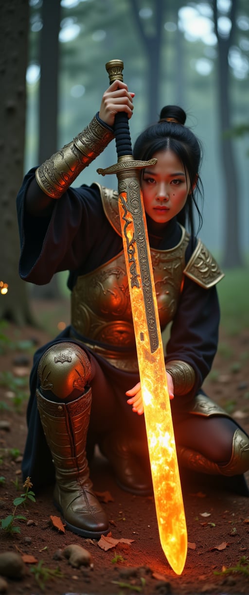 A fierce sexy  japanese female warrior crouched low, gripping a long, ornate sword with both hands, illuminated by a fiery orange aura that highlights intricate golden designs on the blade and hilt; rugged expression, dark tousled hair flowing freely, clad in elaborate metallic armor with a dark cloak draping over his back; misty twilight forest background with dark looming trees, smoky ethereal air, glowing embers and sparks around; earthy browns, oranges, and golds dominate the scene, contrasting with cooler dark greens and grays of the forest, creating a mystical, intense atmosphere,jisosmile,ct-kbright,ct-arix,ct-savaga,ct-blondie,ct-blodolx,ct-bustyy2,ct-chainb,ct-bibity