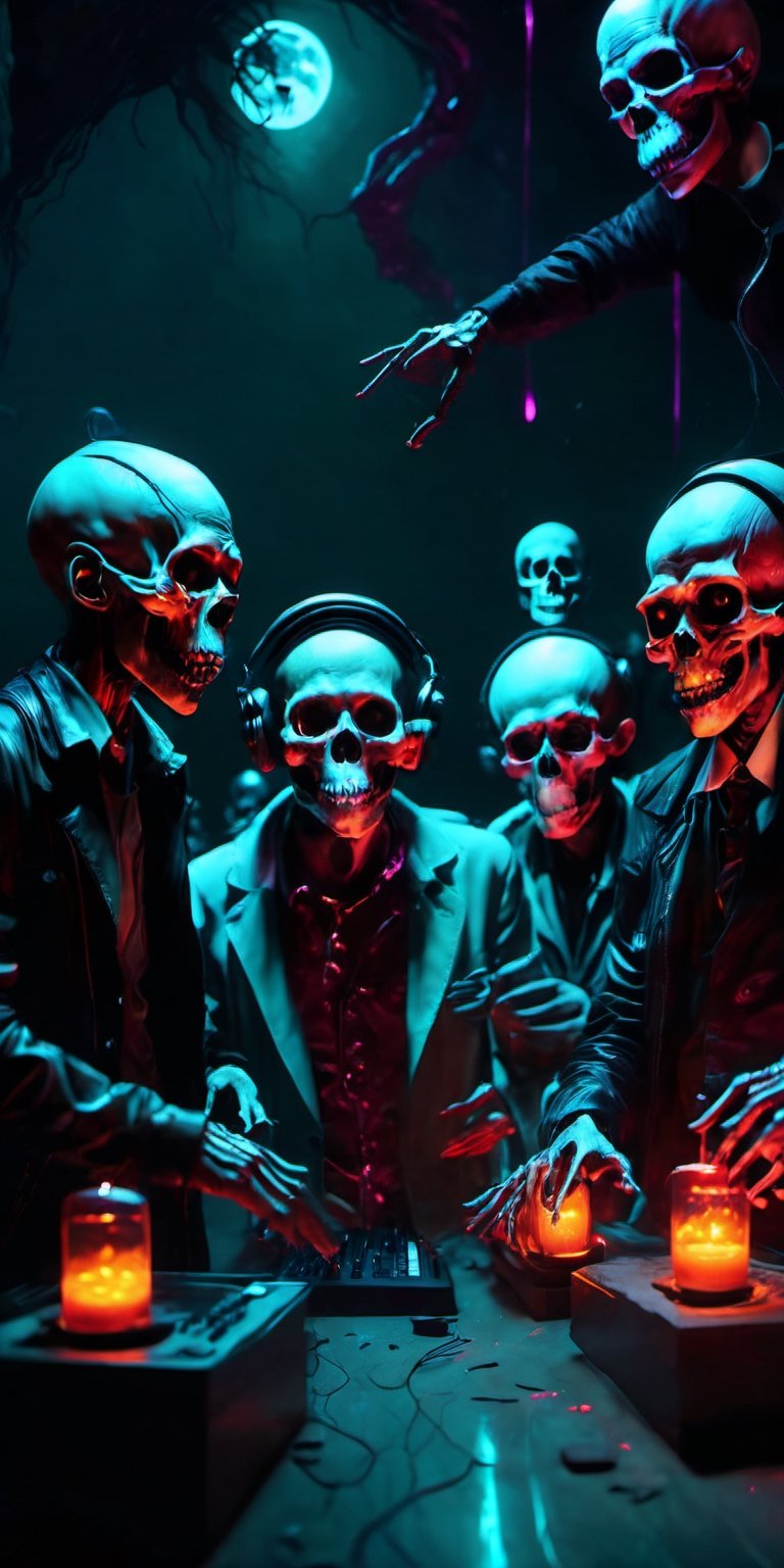 a group of skeleton dj dancing in a cementery party,  ,  . dark tense and unsettling atmosphere.cementery by ctmaker on Te...