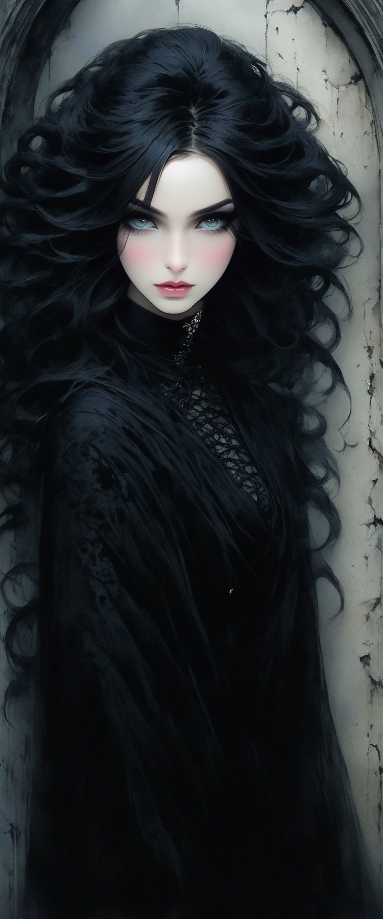 Mysterious dark watercolor creepypasta illustration,  girls looks like death in comics The Sandman line art watercolor was...