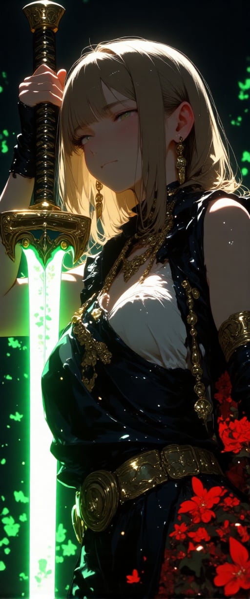 A cinematic masterpiece unfolds as a princess stands triumphantly,  holding a luminiscent glowing sword,  against a dark b...