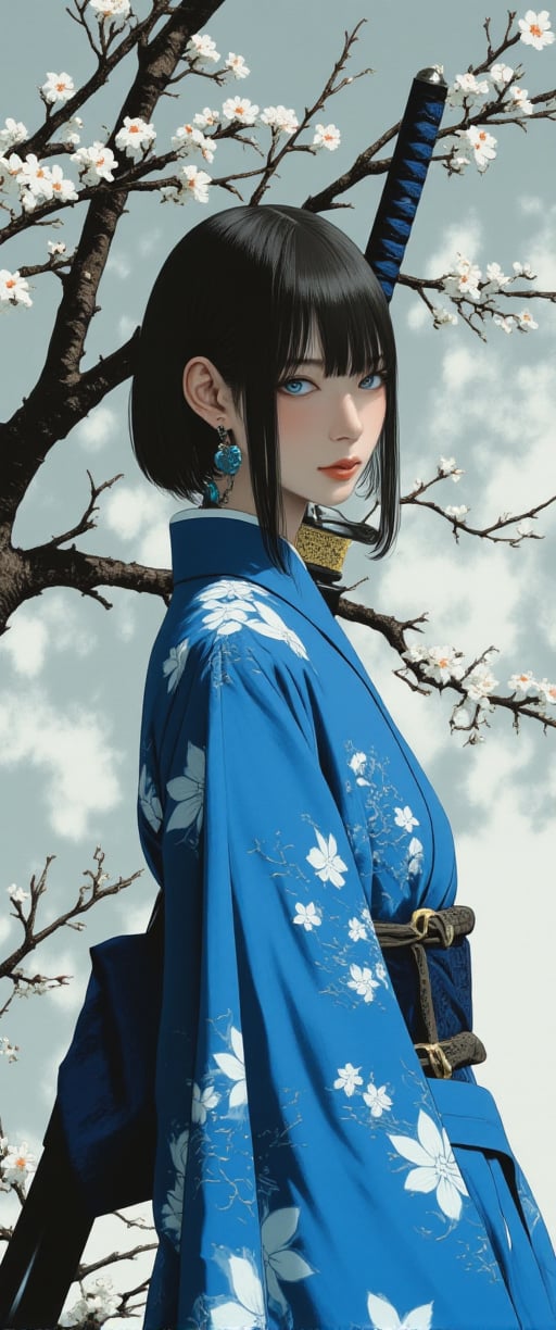 A 70mm lens captures aa medium-sized Asian woman, dressed in a blue kimono, adorned with white flowers, stands in front of a backdrop of a tree branch with white blooms. The woman's hair is styled in a sleek, straight line, and her eyes are a piercing blue. She is holding a black sword in her right hand, adding a touch of contrast to her outfit. The backdrop is a stark white wall, creating a stark contrast to the woman's outfit.,ct-jennie,ct-kbright