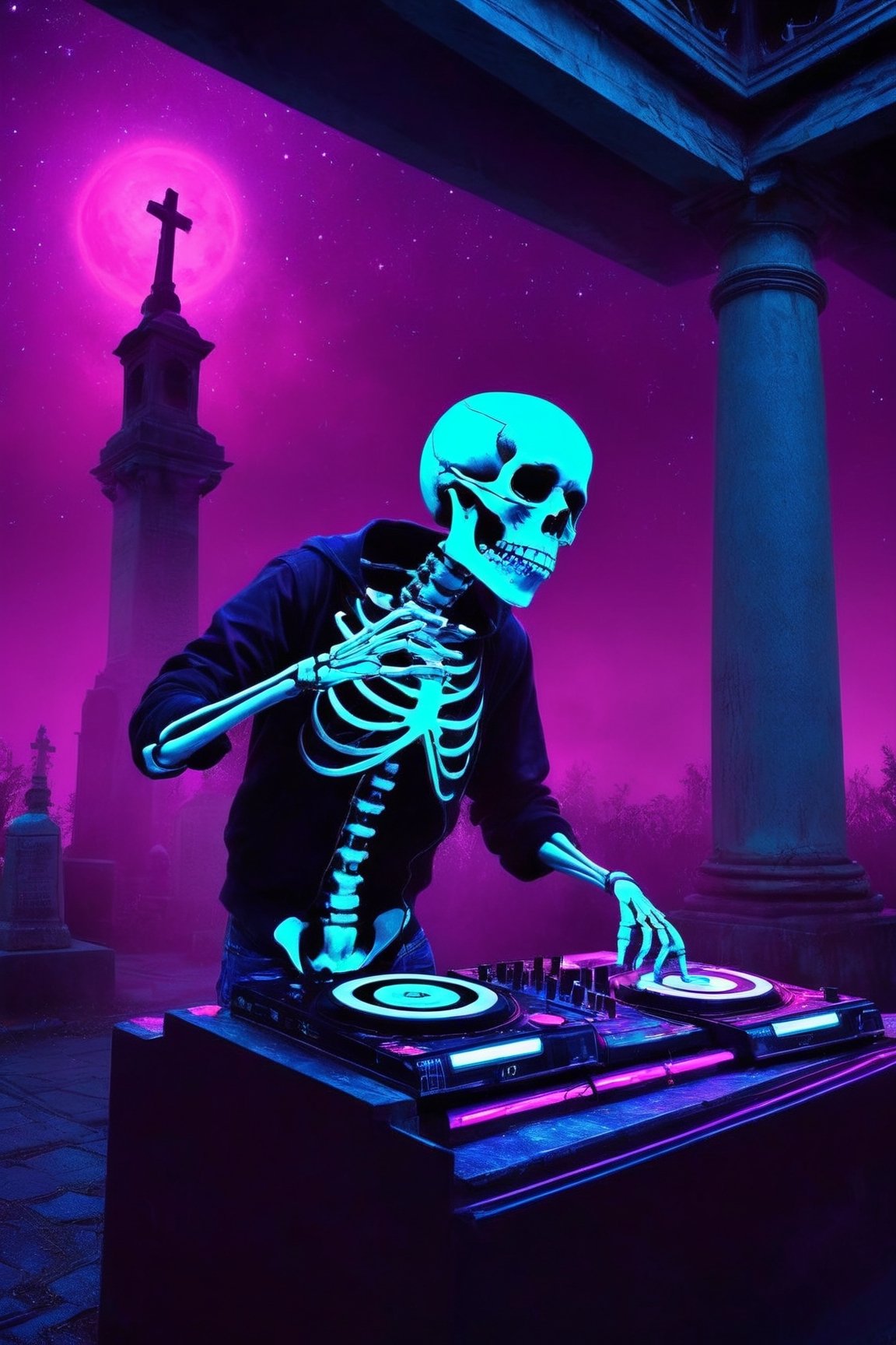 a skeleton dj dancing in a cementery party,  ,  . dark tense and unsettling atmosphere.cementery by ctmaker on Tensor.Art