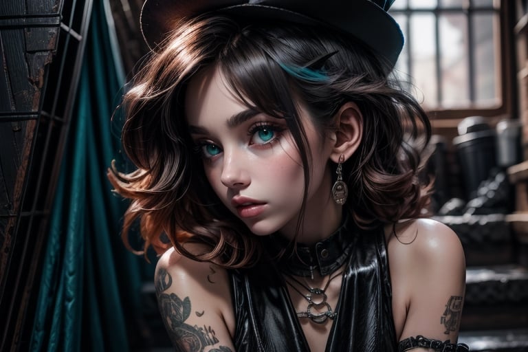   dark-gothic-victorian-Dickens style beautiful asian girl( jisoo)(shaved side  black hair cut,,,kawacy art style , detallado, raw, absurdes, , mucha,chiarosaurio,aesthetic, mugshot, model pose, ,burlesque,dark-gothic-victorian-Dickens style ,yellow top-hat,suspenders, tank top otside,night,sensual, shy ,aesthetic ,light orange),
 ,Gun To Head , very realistic, photography fujifilm X-t3, photo grain, close up, ,shadows of the devil vintage, edgy, punk rock vibe, dirty, noisy . Textured, distressed, vintage, edgy, punk rock vibe, dirty, noisy,EnvyBeautyMix23,valkyrie style,Niji Kei