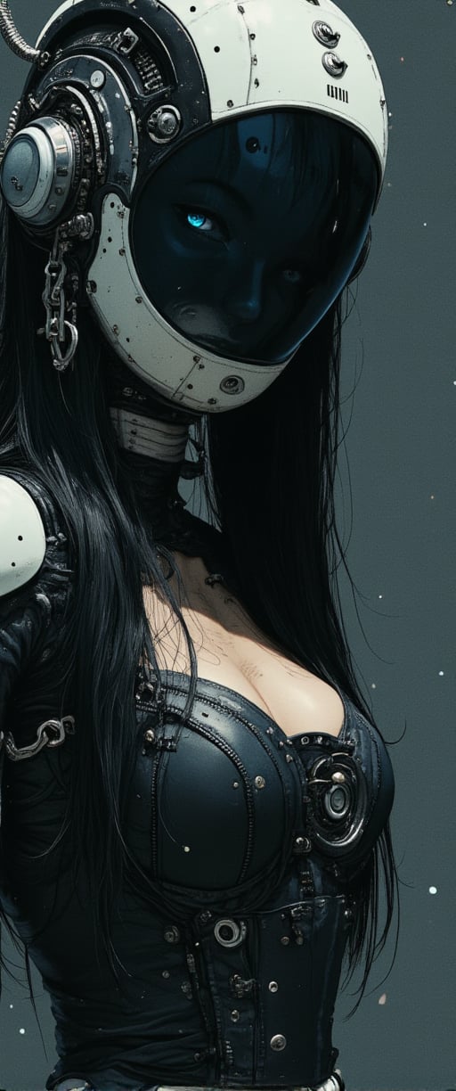 A vibrant cartoon woman stands , t. Her long black hair cascades over her shoulders, framing her face with white helmet adorned with black buttons and a blue light. Blue eyes pop against the dark locks. A black and white robot costume wraps around her, . Amidst this moody, atmospheric setting, her elegant posture exudes an enchanting contrast, drawing us in to unravel the secrets of her mysterious world.,ct-identityV2,ct-colority,ct-sensanime,ct-bustyy2,ct-chainb,ct-fititty,ct-leetity