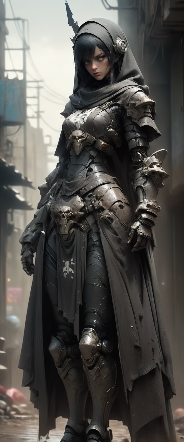 masterpiece, biomechanical legs, combat nun warriror, angry ,, stands arms on hips, red hood, combat ready in an dusty city post apocaliptic ruins, covered in dust, antion shot, movie still, volumetric light, dark and moody style, tense athmosfere, intrincate details, ultra high detallieded, Shattered Armor, rainy, mud,digital artwork by Beksinski,hubg_mecha_girl,darkart,princess