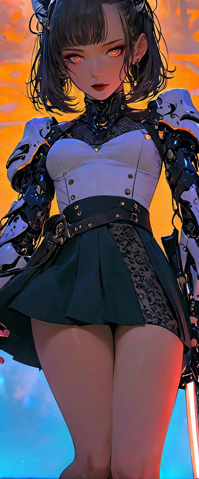 A sultry, smoke-filled club scene unfolds: a cyborg femme fatale, 1girl, solo and unapologetic, gazes directly at the viewer, her orange eyes piercing through the dim lighting as she holds a katana sword with a bandaged sheath, its curves complemented by her armor-plated shoulders and shoulder spikes. Her bangs frame her striking features beneath an oni mask, while her fingerless gloves and high-heeled skirt hint at hidden danger.