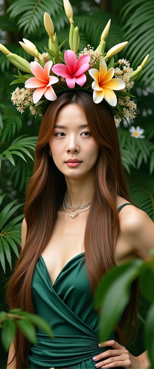 Create a portrait of a tropical princess, adorned with a crown made of exotic flowers. She stands surrounded by lush greenery and wild animals. The colors are vibrant, focusing on emerald greens and bright floral hues. Her outfit combines natural elements like leaves and fine silks, blending modern fashion with the wilderness.,ct-jennie,ct-dbe,ct-blondie,ct-amantity,ct-chasartre,ct-portuguitity,ct-bustyy2,ct-blodolx,ct-chainb,ct-bibity,ct-biskitity,ct-rosity,ct-smeraldity,ct-hyuntity,ct-leetity