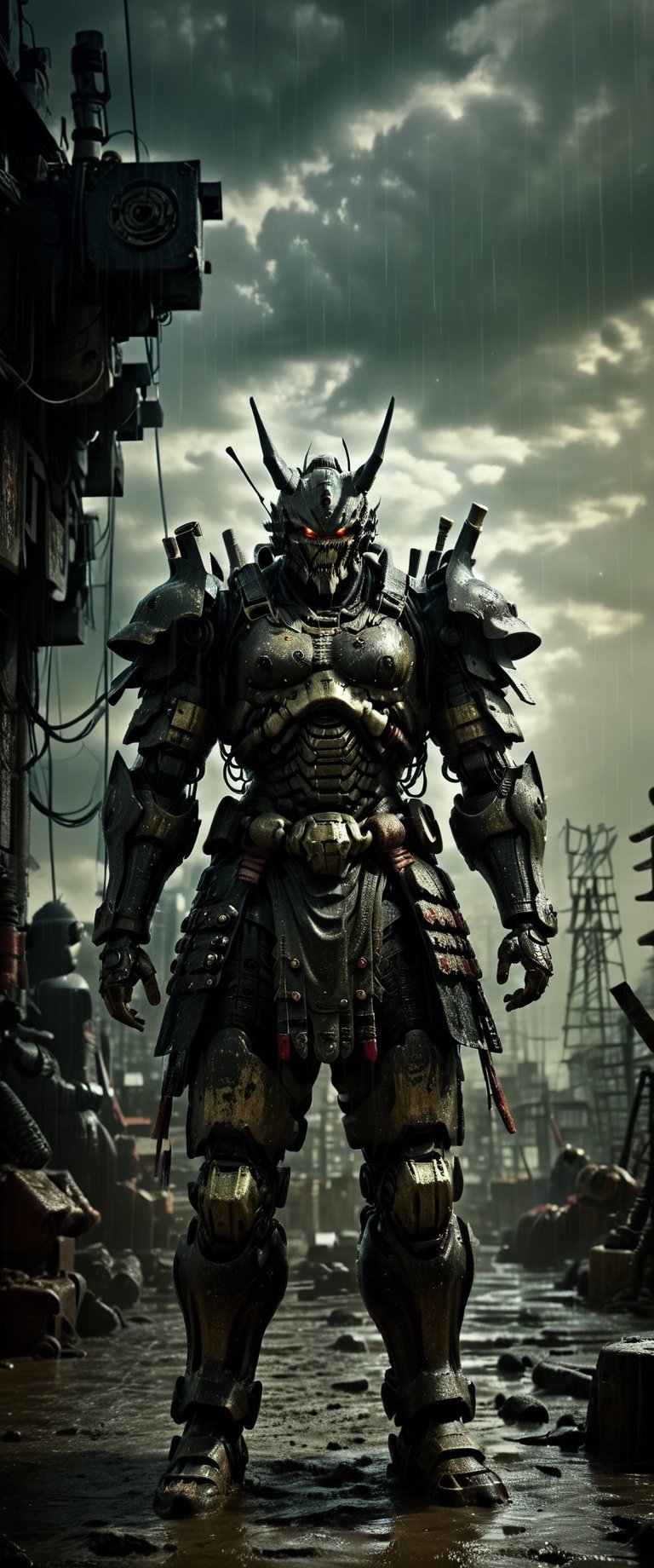cyber Samurai looks at the enemy,  stands after the battle,  oni robot mask by ctmaker on Tensor.Art
