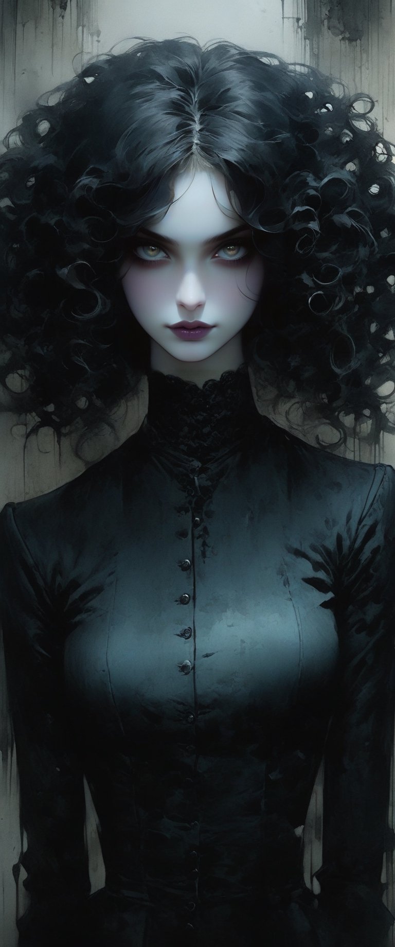 Mysterious dark watercolor creepypasta illustration,  girls looks like death in comics The Sandman line art watercolor was...