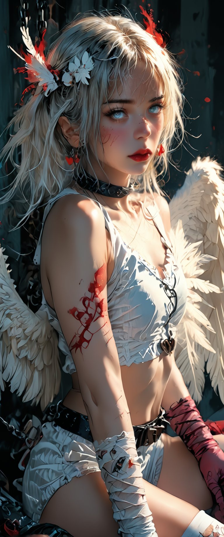 1girl, solo, looking at viewer, bangs, shirt, hair ornament, thighhighs, gloves, jewelry, sitting, white hair, heart, earrings, wings, shorts, sleeveless, choker, elbow gloves, midriff, belt, white gloves, collar, lips, crop top, grey eyes, blood, tattoo, chain, bandages, piercing, bandaid, feathered wings, angel wings, injury, white shorts, bandaged arm, realistic, white wings, bandaid on face, red lips, cuts, heart tattoo, bandaid on arm