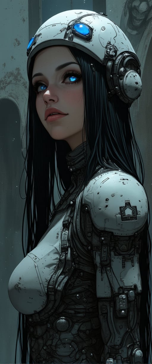 A vibrant cartoon woman stands , t. Her long black hair cascades over her shoulders, framing her face with white helmet adorned with black buttons and a blue light. Blue eyes pop against the dark locks. A black and white robot costume wraps around her, . Amidst this moody, atmospheric setting, her elegant posture exudes an enchanting contrast, drawing us in to unravel the secrets of her mysterious world.,ct-identityV2,ct-colority,ct-sensanime,ct-bustyy2,ct-chainb,ct-fititty,ct-leetity,ct-vero13