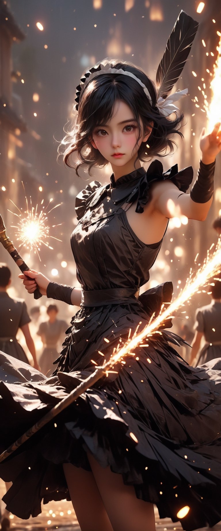 (Masterpiece,Best Quality), A realistic anime girl in a maid dress with coal-colored hair, striking a battle pose with a spear, inviting viewers to look closely at the high-resolution illustration, Fantasy, magical vibes, sci-fi mood, sparks, DoF, bokeh, sharp focus