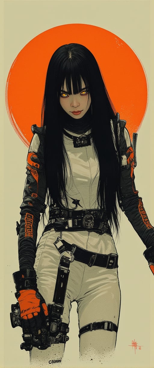 a woman with long black hair and bright yellow eyes. She is wearing a white and orange outfit with a black belt that has the letters "CTMAKER" on it. Her outfit also has orange and black gloves on her hands. Her arms are out to her sides and her legs are slightly bent. The background is a light cream color and there is an orange circle in the upper right corner of the image. Amidst this moody, atmospheric setting, her elegant posture exudes an enchanting contrast, drawing us in to unravel the secrets of her mysterious world.,ct-identityV2,ct-colority,ct-sensanime,ct-bustyy2,ct-chainb,ct-fititty,ct-leetity