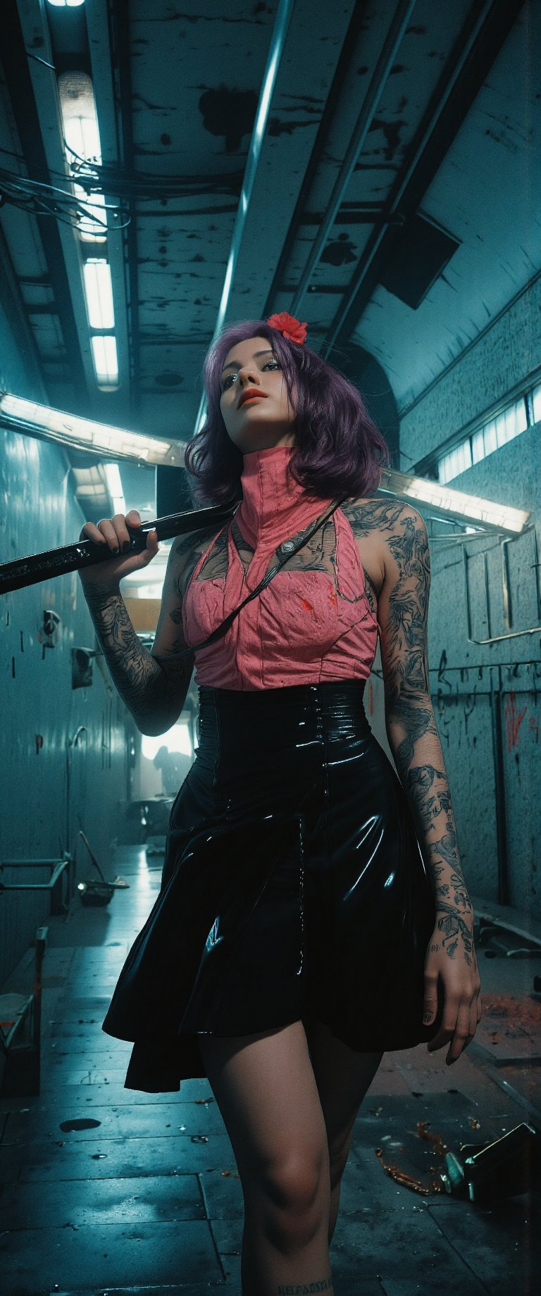 In a dimly lit, abandoned prison cell, a solitary figure stands, shrouded in an aura of dread and foreboding. A beautiful woman with a bob cut, two-tone hair, and a pink shirt under her black high-waisted skirt dons a latex uniform adorned with intricate tattoos. She holds a katana over her shoulder, its reflection rippling on the marble-patterned background like a dark mirror. Her face is a masterpiece of elegance and brutality, set against a backdrop of vivid colors and dramatic lighting. The overall composition evokes a sense of unity and chaos, as if the very fabric of reality has been torn asunder. In this cinematic masterpiece, the boundaries between horror art and realist portraiture blur, beckoning the viewer into a realm of beauty and unease., ct-virtual_jisoo