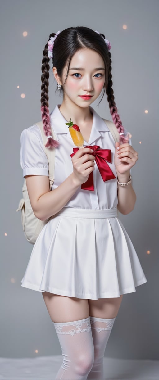 A cinematic reality film scene unfolds: a 18-year-old Korean beauty model, with oversized blue eyes and a gorgeous face, stands solo against a grey background. Her long, pink-haired braids are tied with hair bows, adorned with ahoges. She wears a white serafuku uniform with a pleated skirt, thigh-highs, and a red bow on her backpack. In one hand, she holds a popsicle, while in the other, a strawberry ice cream cone reflects off her thigh-high boots. Her detailed features, from blush to navel, are captured in stunning focus against a misty backdrop, as sparks of light dance across her face. The soft lighting and depth of field create a sense of intimacy, drawing the viewer's attention to her smiling, idolic beauty., ct-virtual_jisoo, ct-jissoo