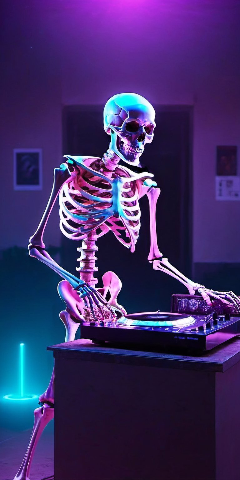 a skeleton dj dancing in a cementery party,  ,  . dark tense and unsettling atmosphere.cementery by ctmaker on Tensor.Art
