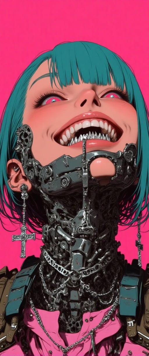 A futuristic young woman with an edgy, cyberpunk vibe gazes with a wide smile. Her face is adorned with a blend of human and robotic elements — her mouth revealing metallic teeth and mechanical components along her jawline and neck. Piercings and silver chains add to her alternative style, and large cross-shaped earrings dangle from her ears. Her tattooed neck merges into a metallic, cyborg-like structure, while her bright teal hair contrasts with the neon-pink background. .,ct-colority

