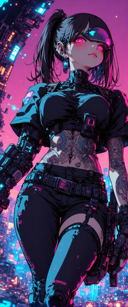 A Luminogram of An animated image of a Comic book style of cybernetic female, holding tactical assault rifle, tattoo, full body, porcelain face, intricate details, 2d, detailed action background, an android young woman with black fauxhawk haircut in a mind-reading device creates controversy, science fiction western, a virtual reality game with real-life consequences, a cyberpunk cartoon, The art style is sleek and polished, with clean, precise lines that contrast with the gritty world it portrays, it has a semi-realistic style, Each detail is sharp, from the smooth, reflective surfaces of cybernetic limbs to the crisp outlines. The overall look is refined, capturing a high-tech elegance amidst the dystopian backdrop, where every elementâfrom intricate machinery to flowing organic formsâis meticulously rendered with a sense of precision and understated sophistication. great care is taken to depict the young woman to have anatomically correct arms and hands,.
.glasses

,ct-biskitity,ct-kds,ct-chasartre,ct-abu,ct-voluptuous,ct-sensanime,momo,ct-skyzo2