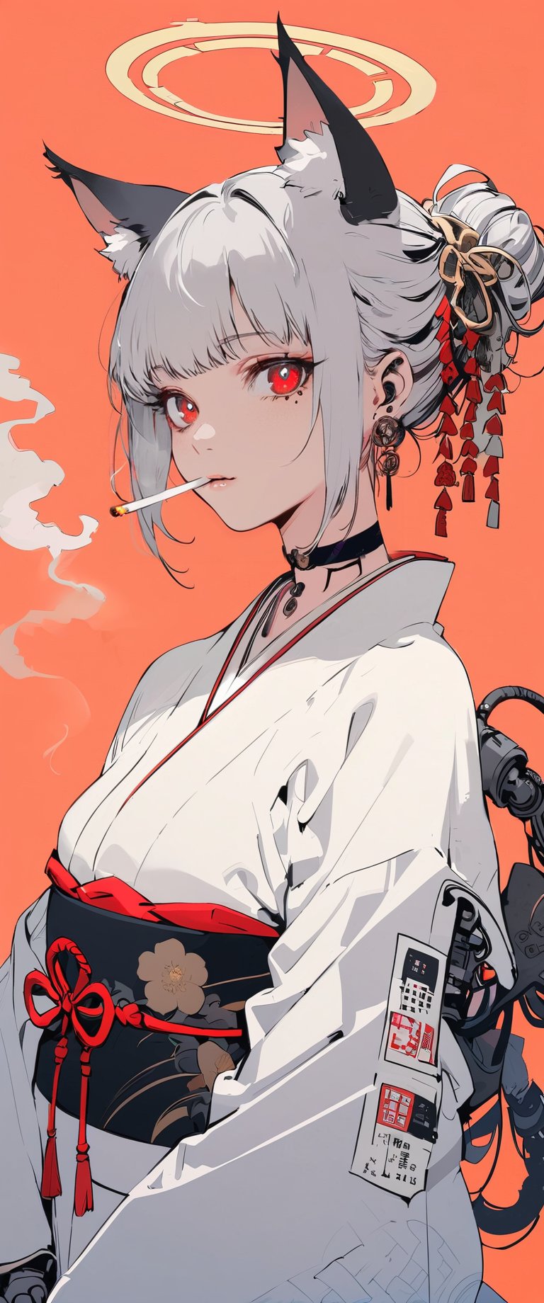 (by Carne Griffiths, Conrad Roset), 1girl,cyborg, mechanical parts, mechanical joints, solo, looking at viewer, short hair, bangs, red eyes, animal ears, jewelry, upper body, white hair, earrings, japanese clothes, horns, choker, kimono, animal ear fluff, black choker, halo, red background, smoke, cigarette, white kimono, smoking, egasumi m3,Dark Manga of,Dark Anime of