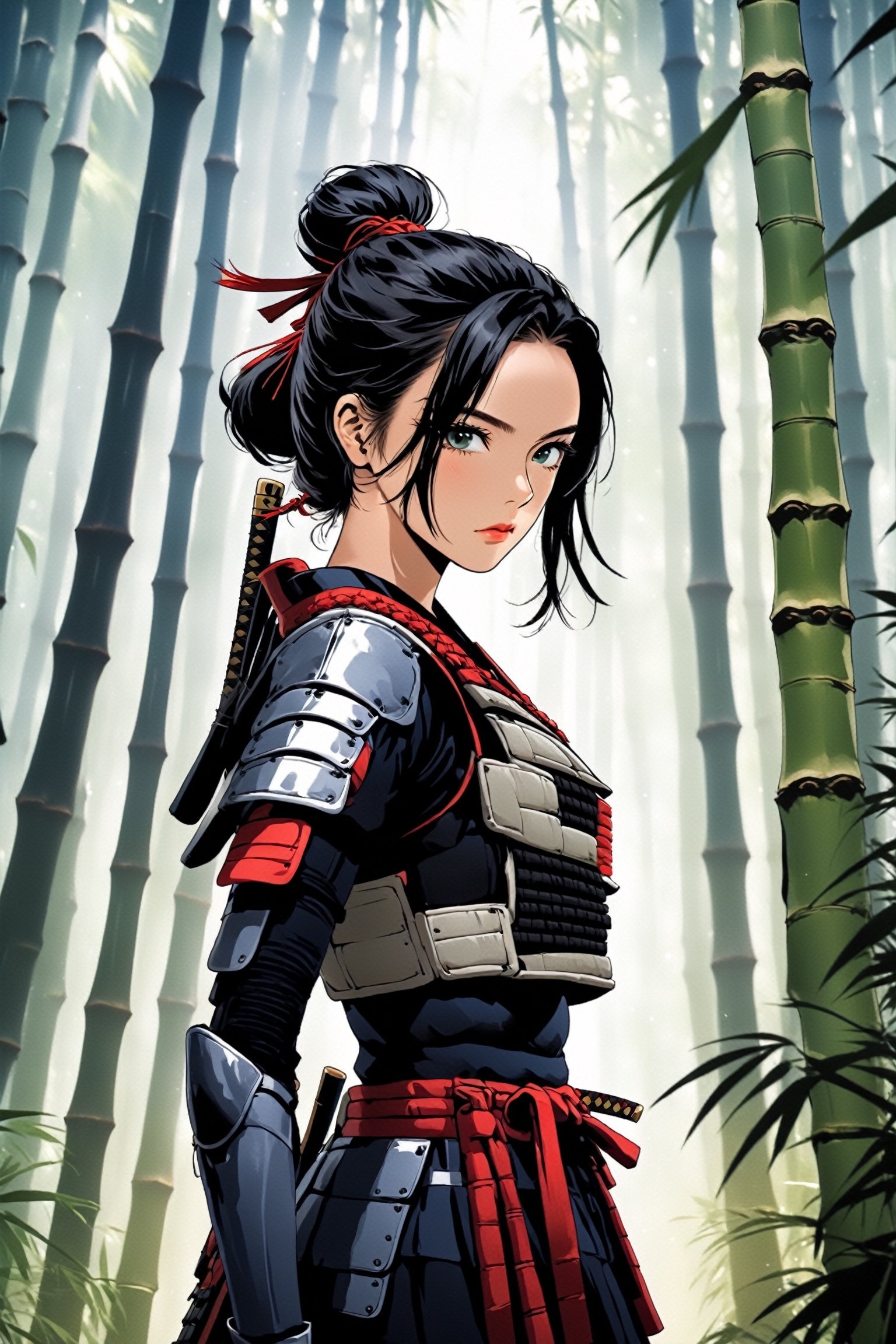 poster of a sexy woman  [samurai]  in a  [bambu forest ], midnight , eye angle view, designed by mike mingola,aw0k nsfwfactory,aw0k magnstyle,danknis,sooyaaa,Anime ,cyborg style