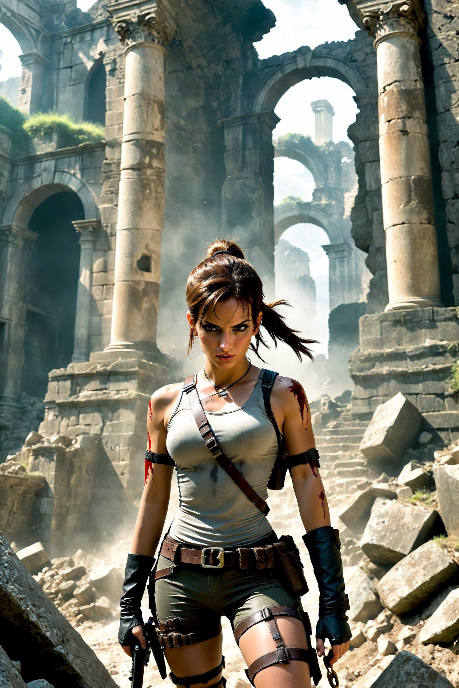 poster of a sexy[lara croft,  epic composition,  detailed ancient ruins by ctmaker on Tensor.Art