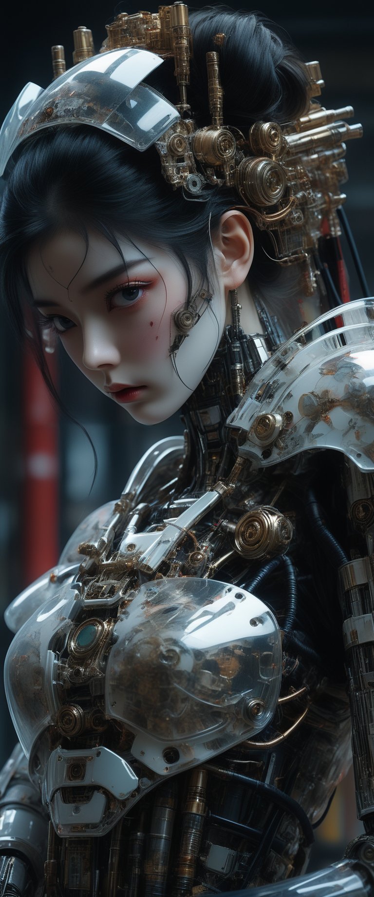 breathtaking ethereal RAW photo of female (A Robot Geisha with a(( High Gloss )),((white Plastic face)) and Body.Cyborg,Girl,Android


 )), dark and moody style, perfect face, outstretched perfect hands . masterpiece, professional, award-winning, intricate details, ultra high detailed, 64k, dramatic light, volumetric light, dynamic lighting, Epic, splash art .. ), by james jean $, roby dwi antono $, ross tran $. francis bacon $, michal mraz $, adrian ghenie $, petra cortright $, gerhard richter $, takato yamamoto $, ashley wood, tense atmospheric, , , , sooyaaa,IMGFIX,Comic Book-Style,Movie Aesthetic,action shot,photo r3al,bad quality image,oil painting, cinematic moviemaker style,Japan Vibes,H effect,koh_yunjung ,koh_yunjung,kwon-nara,sooyaaa,colorful,bones,skulls,armor,han-hyoju-xl
,DonMn1ghtm4reXL, ct-fujiii,ct-jeniiii, ct-goeuun,mad-cyberspace,FuturEvoLab-mecha,cinematic_grain_of_film,a frame of a animated film of,score_9,3D,style akirafilm,Wellington22A,cyborg style,ct-virtual,Cyberpunk geisha