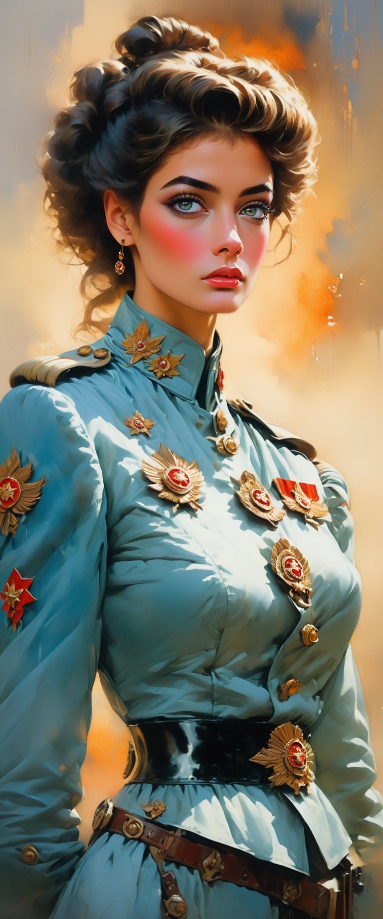 detailed full-length picture, masterpiece, best quality, ultra high resolution, visually stunning, beautiful, award-winning art (), beautiful ))), oil painting Portrait of a beautiful sovietpunk female noble lady in soldier outfit -, detailed face, whole body, Watercolor, trending on artstation, sharp focus, studio photo, intricate details, highly detailed, by greg rutkowski, more detail XL, hyper detailed, realistic, oil painting, by julie bell, frank frazetta, cinematic lighting