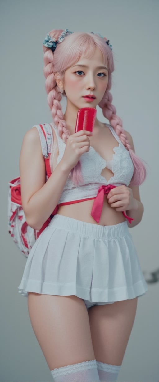 A cinematic reality film scene unfolds: a voluptuous Korean sexy beauty model, with oversized blue eyes and a gorgeous face, stands solo against a grey background. Her long, pink-haired braids are tied with hair bows, adorned with ahoges. She wears a white serafuku uniform with a pleated skirt, thigh-highs, and a red bow on her backpack. In one hand, she holds a popsicle, while in the other, a strawberry ice cream cone reflects off her thigh-high boots. Her detailed features, from blush to navel, are captured in stunning focus against a misty backdrop, as sparks of light dance across her face. The soft lighting and depth of field create a sense of intimacy, drawing the viewer's attention to her smiling, idolic beauty., ct-virtual_jisoo, ct-jissoo