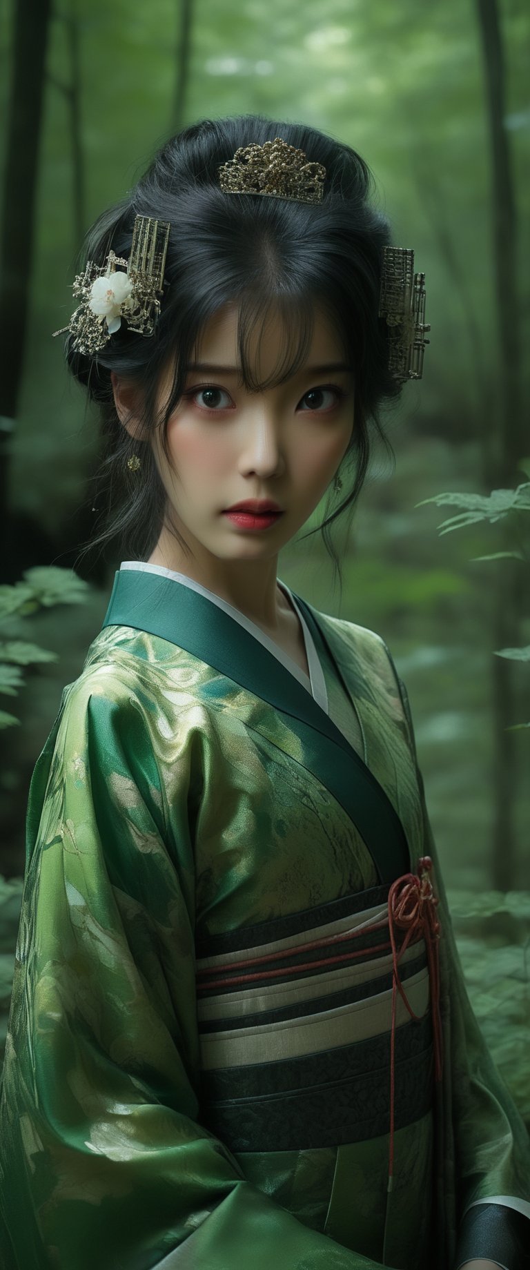 breathtaking RAW photo of female ((Imagen arafed de una mujer con un vestido verde en un bosque., retrato geisha con flequillo, jingna zhang, heise-lian yan fang, Zhang Daqian, inspirado en Li Mei Shu, palacio , una chica en hanfu, retrato de pintura mate, retrato de Sadako del Anillo, retrato de un mago del bosque, inspirado en Zhou Wenjing )), dark and moody style, perfect face, outstretched perfect hands . masterpiece, professional, award-winning, intricate details, ultra high detailed, 64k, dramatic light, volumetric light, dynamic lighting, Epic, splash art .. ), by james jean $, roby dwi antono $, ross tran $. francis bacon $, michal mraz $, adrian ghenie $, petra cortright $, gerhard richter $, takato yamamoto $, ashley wood, tense atmospheric, , , , sooyaaa,IMGFIX,Comic Book-Style,Movie Aesthetic,action shot,photo r3al,bad quality image,oil painting, cinematic moviemaker style,Japan Vibes,H effect,koh_yunjung ,koh_yunjung,kwon-nara,sooyaaa,colorful,bones,skulls,armor,han-hyoju-xl ,DonMn1ghtm4reXL, ct-fujiii
,oiran,furisode,ct-jeniiii,dlwlrma