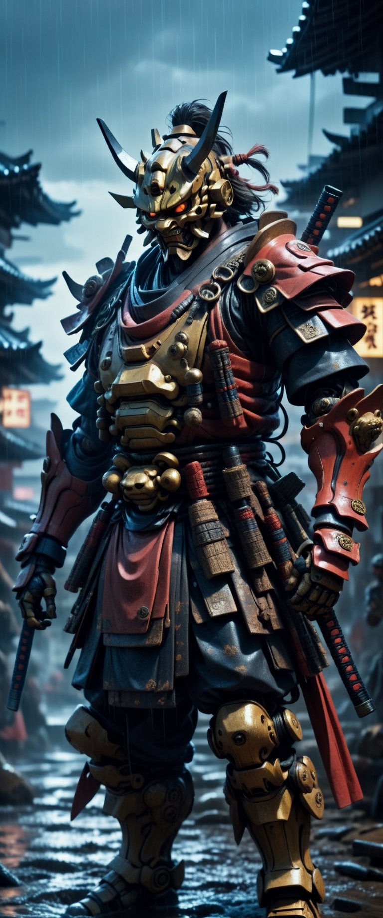cyber Samurai looks at the enemy,  stands after the battle,  oni robot mask by ctmaker on Tensor.Art