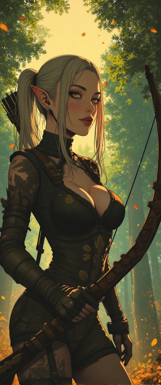 fantasy stylized illustration, elven female archer, profile view, full body shot, masterpiece, high detail, cinematic composition, dramatic lighting character details: elven woman, long blonde hair flowing in wind, pointed ears, serious and focused expression, eyes fixed on target, anime, cyberpunk, ne0nfant4sy, Anime style. pose: archer in full draw position, bow pulled back, arms taut, body angled for perfect form armor: light leather armor with leaf motifs, form-fitting for mobility, arm guards on wrists, quiver on back weapon: ornate wooden longbow, intricately carved with elven designs environment: dense forest backdrop, dappled sunlight filtering through leaves, autumn colors, falling leaves in foreground lighting: golden hour sunlight, rays piercing through trees, creating a magical atmosphere mood: tense, alert, ready for action style: highly detailed digital painting, realistic fantasy, vibrant autumn colors additional elements: leaves and particles floating in air, lens flare effects, subtle magical aura around the archer, intricate elven patterns on armor and bow composition: character positioned on left third of frame, arrow pointing towards right side, creating dynamic tension,ct-rosity,ct-chainb,ct-animefilm,ct-kds,ct-vero13,ct-euntity,ct-jennie,ct-dbe,ct-blondie,ct-amantity,ct-portuguitity,ct-chasartre,ct-bustyy2,ct-blodolx