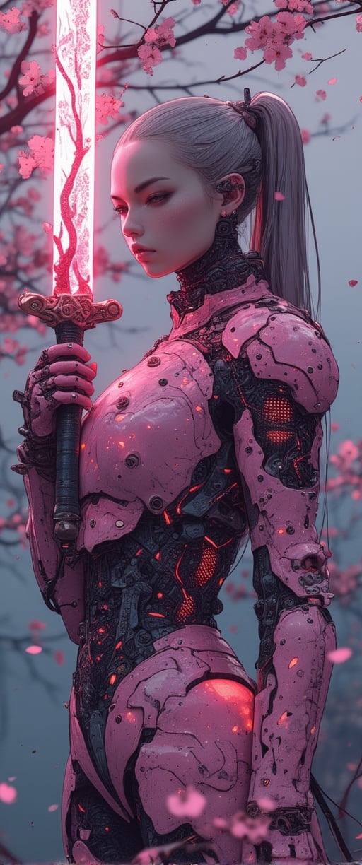  Full body shot, Cyberpunk, , Biomechanical ((A woman in glowing armour, pink plates of armour protect her body, while delicate cherry blossom drifts gently down from a nearby tree. Her glowing sword dazzles with electrical arcing in the twilight of an atmospheric evening amazing quality, masterpiece, best quality, hyper detailed, ultra detailed, glowing pink, perfect anatomy, blurry background, outdoor, cherry blossoms, fog, studio lighting, bright foreground, face to viewer, glowing(pink hybrid white) Armour, female, holding, sword with electrical shine carving, ponytail, glowing, shine, dazzling. Amidst the haunting atmosphere, her elegant posture exudes enchanting contrast, inviting us into her mysterious world.,Fantasy detailers,ct-fantasitity)), Japan native interior, Cyborg, Hologram reflections and holographic effect, , abstract cubist, Perfect Composition, High Contrast, Atmospheric, Moody, Raw photo, realistic, cinematic lighting, soft shadows, sharp focus, fractal, colorful, depth of field, best quality, 16k resolution,
,ct-animepopstyle,anime,style of Mattias Adolfsson,ct-sensual,ct-skyzo_identity