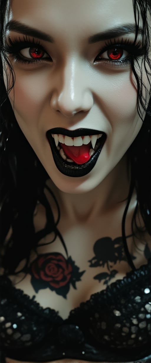 a high-speed action photograph of a beautiful, wicked female vampire. She has very long sharp fangs. She has large, crimson-streaked black eyes filled with malice and desire, extravagant dark eyelashes, perfect crimson rose tattoo, pretty gothic-core punk-style dress and wicked stiletto high heel boots, gleaming black lips, white skin, she exudes evil and dominance. Action shot of her snarling and attacking the viewer. Depth of Field, cinematic atmosphere, beautiful photography, 35mm, Canon EOS 5D Mark IV DSLR, f/5.6 aperture, 1/125 second shutter speed, punk.,ct-skyzo_identity,ct-arix,ct-chainb,ct-dbe,ct-chasartre,ct-bratz,ct-biskitity,ct-hyuntity,ct-vituajis