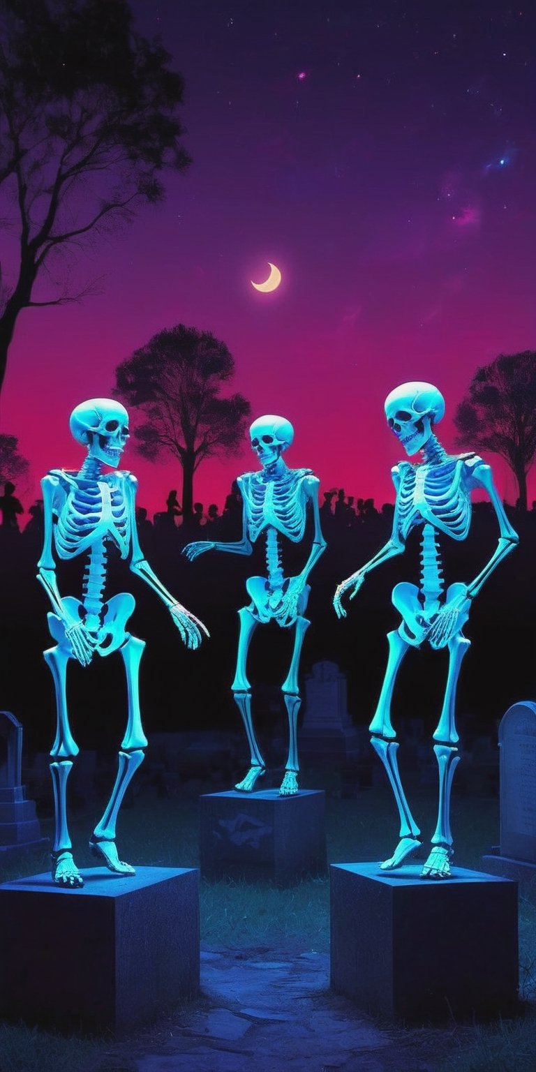 a group of skeleton dj dancing in a cementery party,  ,  . dark tense and unsettling atmosphere.cementery by ctmaker on Te...