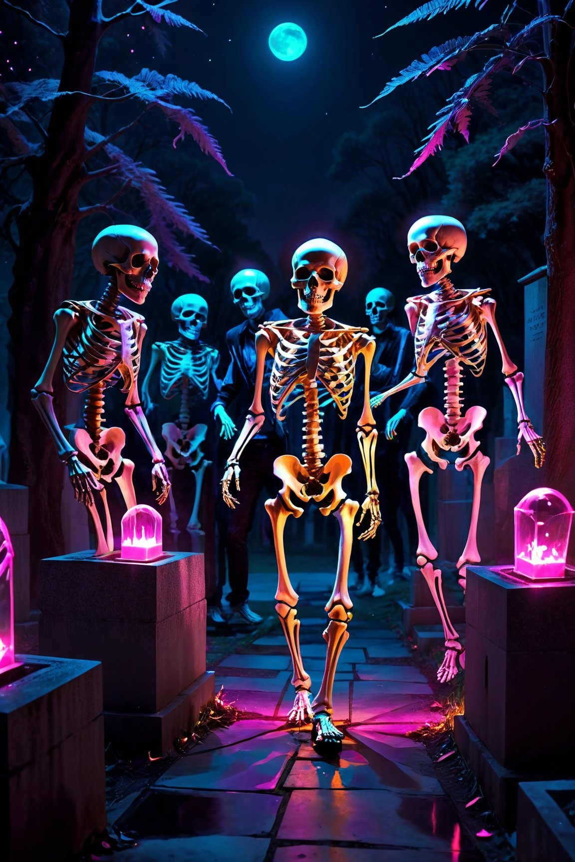 a group of skeleton dj dancing in a cementery party,  ,  . dark tense and unsettling atmosphere.cementery by ctmaker on Te...
