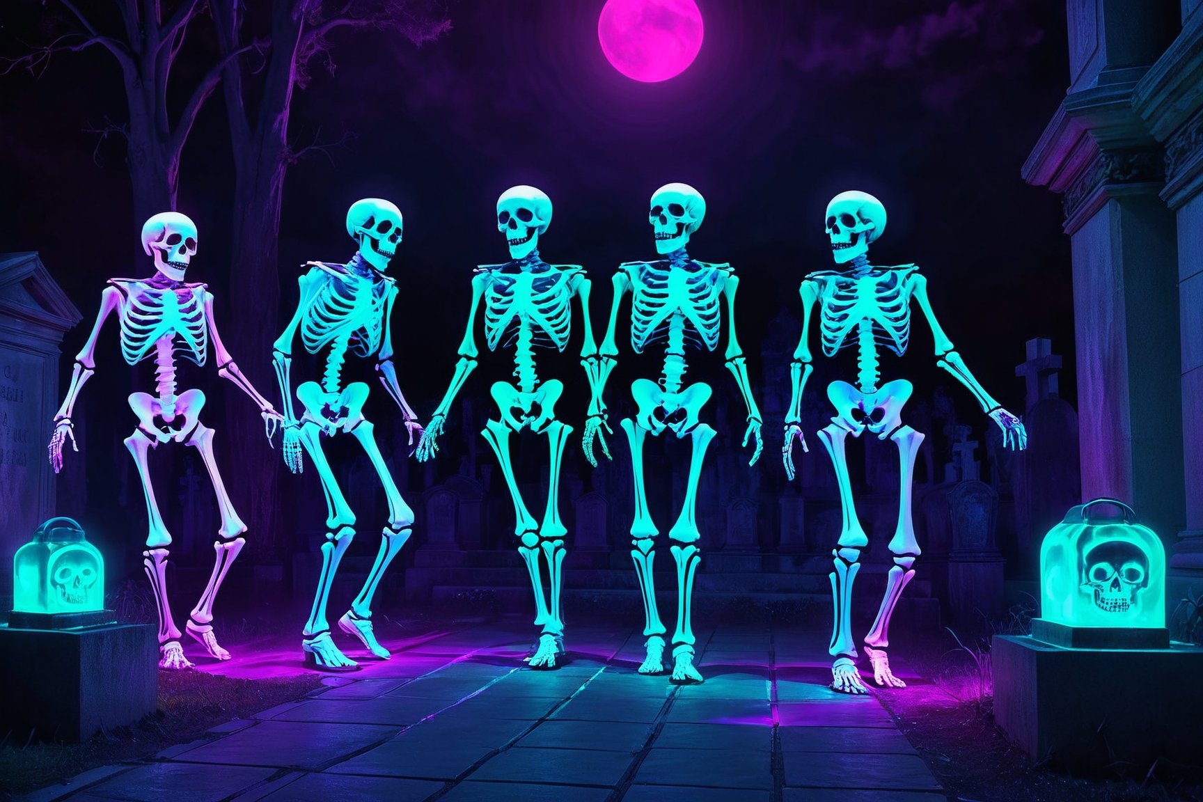 a group of skeleton dj dancing in a cementery party,  ,  . dark tense and unsettling atmosphere.cementery by ctmaker on Te...