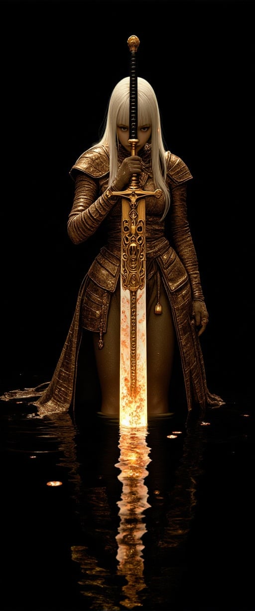 Prompt: Within a carbon black ambiance, a solitary female figure clad in rose-gold armor stands partially submerged in a mirrored expanse of water, her posture an enigmatic blend of contrapposto as she holds a glowing luminiscent runes sword. Platinum hair flows down her back like liquid metal. A dynamic three-quarter shot captures the tableau from slightly below eye level, imbuing the subject with regality. The camera emphasizes the juxtaposition of delicate features against armor's hard lines, shimmering reflections on the water's surface, and subtle interplay of light and shadow dancing across her form.,ct-naeun7,ct-kds.,ct-naeun7,ct-kds,ct-amantity,ct-hyuntity,ct-chainb,ct-totpot