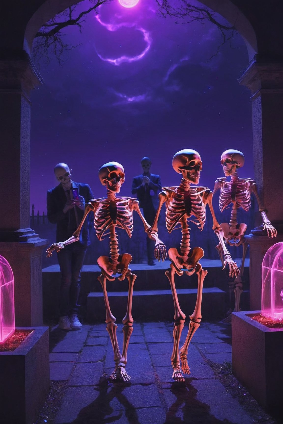 a group of skeleton dj dancing in a cementery party,  ,  . dark tense and unsettling atmosphere.cementery by ctmaker on Te...