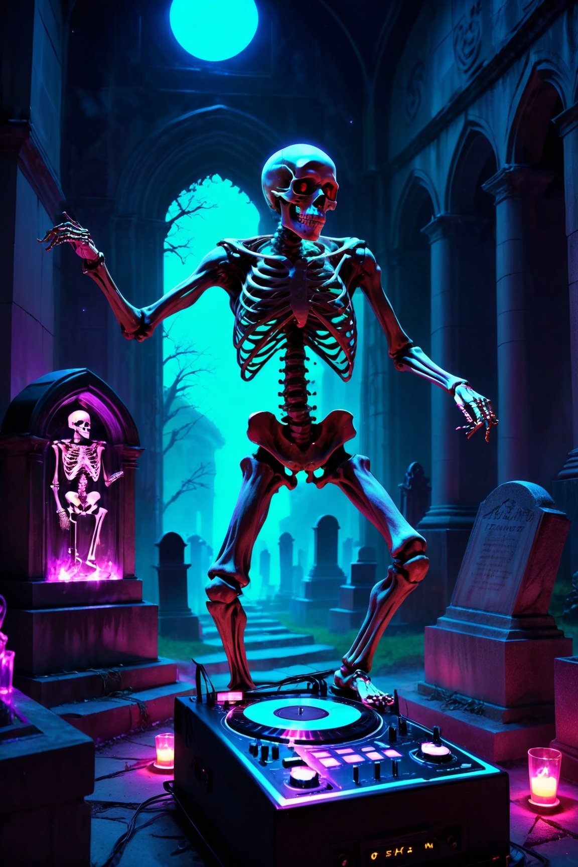 a skeleton dj dancing in a cementery party,  ,  . dark tense and unsettling atmosphere.cementery by ctmaker on Tensor.Art