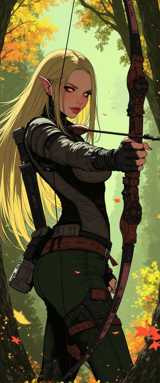 fantasy stylized illustration, elven female archer, profile view, full body shot, masterpiece, high detail, cinematic composition, dramatic lighting character details: elven woman, long blonde hair flowing in wind, pointed ears, serious and focused expression, eyes fixed on target, anime, cyberpunk, ne0nfant4sy, Anime style. pose: archer in full draw position, bow pulled back, arms taut, body angled for perfect form armor: light leather armor with leaf motifs, form-fitting for mobility, arm guards on wrists, quiver on back weapon: ornate wooden longbow, intricately carved with elven designs environment: dense forest backdrop, dappled sunlight filtering through leaves, autumn colors, falling leaves in foreground lighting: golden hour sunlight, rays piercing through trees, creating a magical atmosphere mood: tense, alert, ready for action style: highly detailed digital painting, realistic fantasy, vibrant autumn colors additional elements: leaves and particles floating in air, lens flare effects, subtle magical aura around the archer, intricate elven patterns on armor and bow composition: character positioned on left third of frame, arrow pointing towards right side, creating dynamic tension,ct-rosity,ct-chainb,ct-animefilm,ct-kds,ct-vero13,ct-euntity,ct-jennie,ct-dbe,ct-blondie,ct-amantity