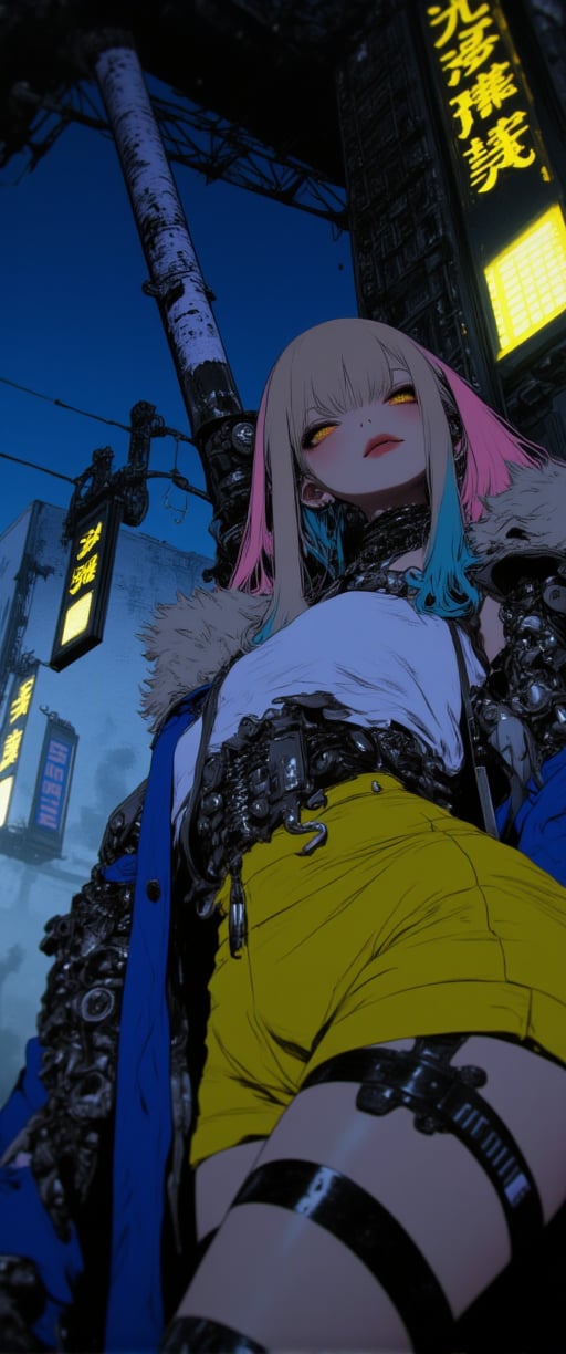 Here's a high-quality, coherent SD prompt based on the input:

A close-up shot of a  automata woman ' in her a cyberpunkpunk attire,mechanical joints, mechanical parts, wires,joints captured in ultra-high definition. She stands confidently, baseball bat held aloft, with vibrant hair styled in alternating blue, pink, and yellow hues. Her face is a masterpiece of dark makeup, featuring heavy eyeliner, red lipstick, . Sharp focus on her intense eyes, with a deep depth of field , . The background is a dark urban landscape with a blue-purple hue, contrasting strikingly with her colorful outfit. High-contrast lighting creates a cinematic atmosphere, with atmospheric shadows adding to the moody tone. Professional photography and 32K UHD resolution deliver photorealistic details, vivid colors, and high dynamic range. A truly impactful and visually stunning image, perfect for an action-packed movie poster.,ct-katakrat