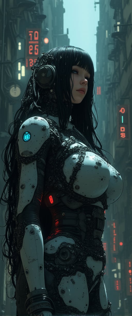 A vibrant cartoon woman stands , t. Her long black hair cascades over her shoulders, framing her face with white helmet adorned with black buttons and a blue light. Blue eyes pop against the dark locks. A black and white robot costume wraps around her, . Amidst this moody, atmospheric setting, her elegant posture exudes an enchanting contrast, drawing us in to unravel the secrets of her mysterious world.,ct-identityV2,ct-colority,ct-sensanime,ct-bustyy2,ct-chainb,ct-fititty,ct-leetity